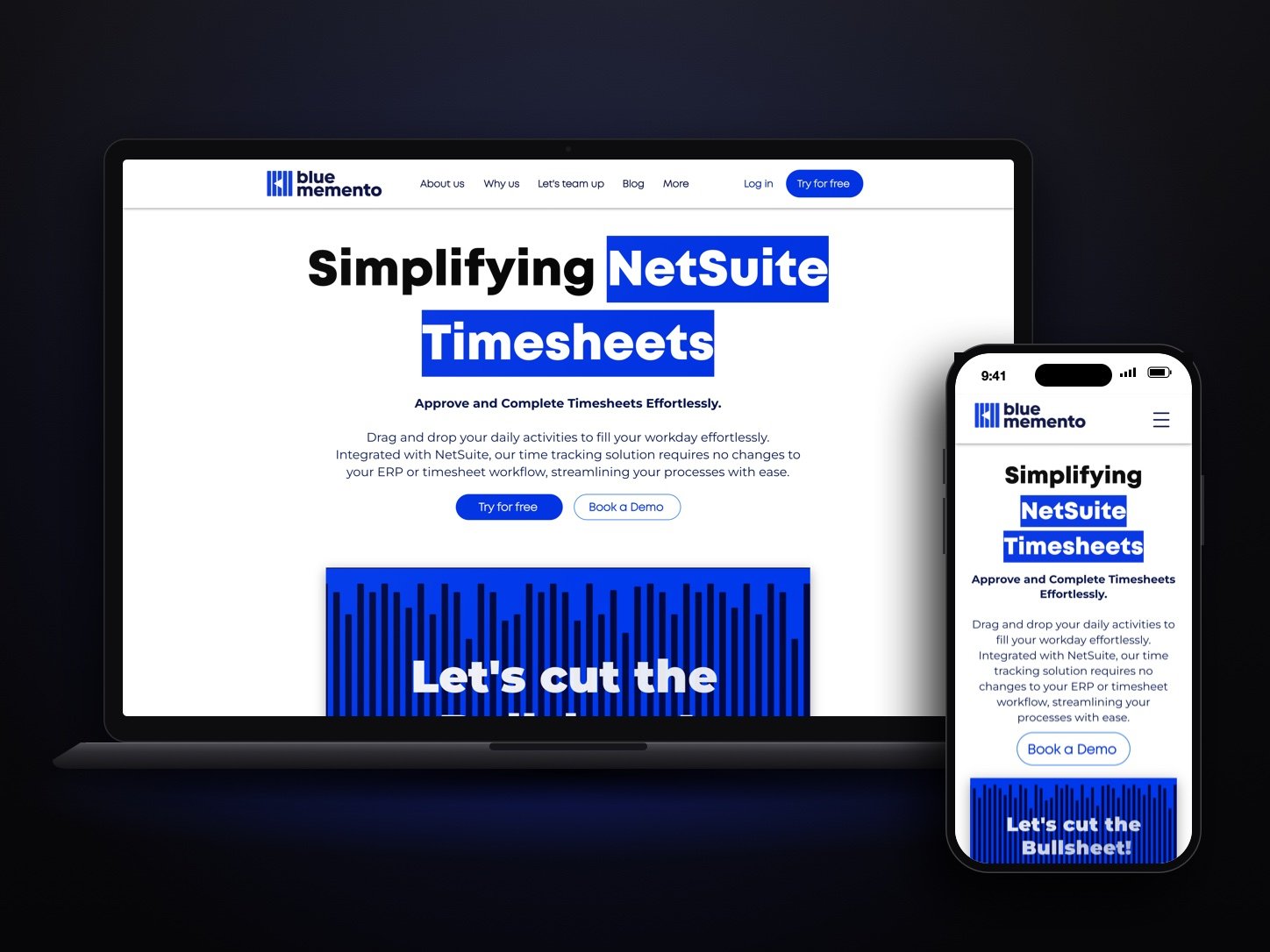 Blue Memento: website home on desktop and mobile