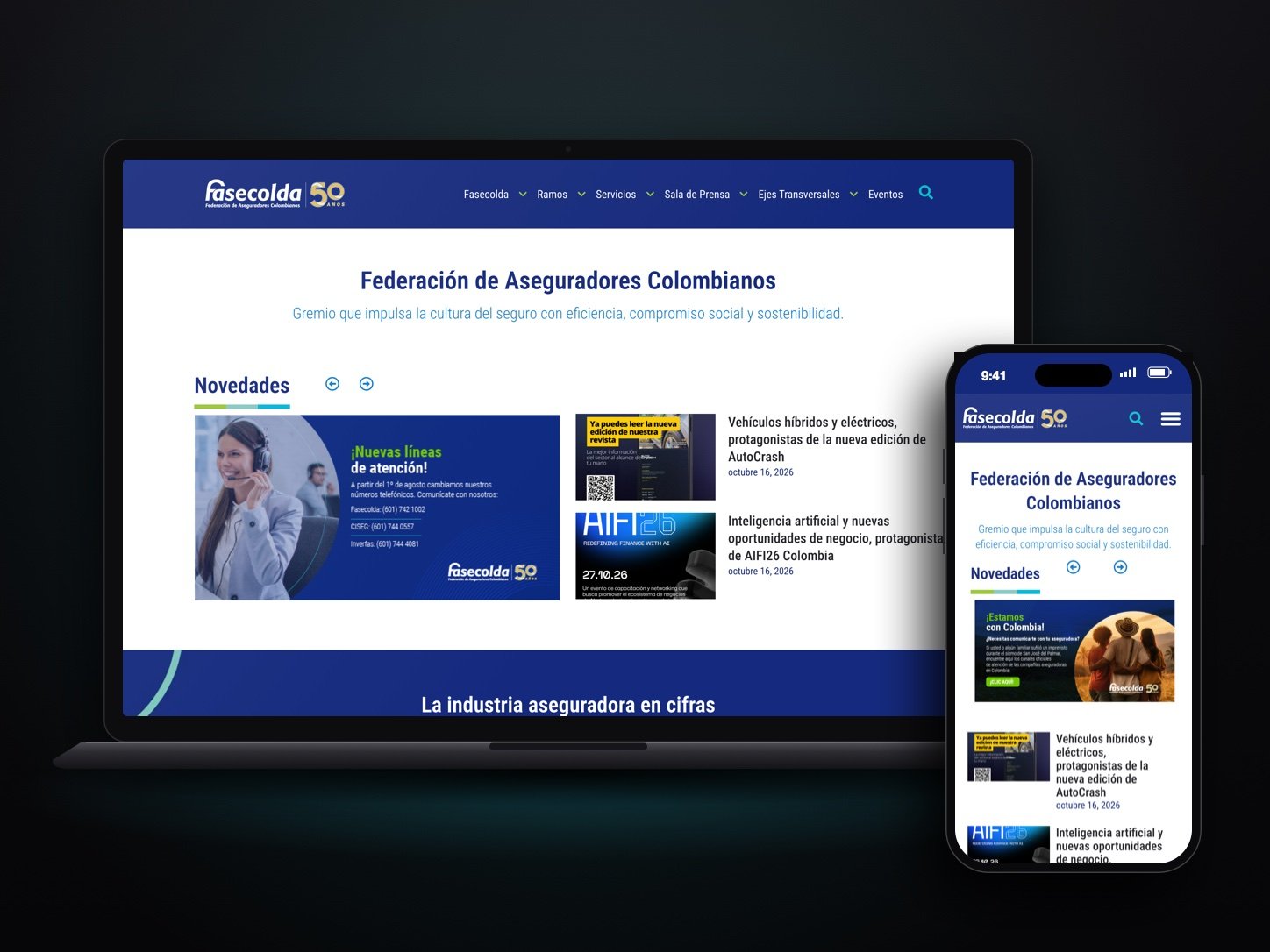Fasecolda: website home on desktop and mobile